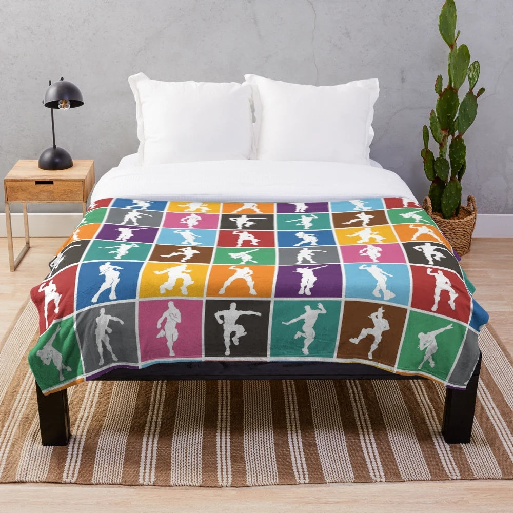 Vibrant rainbow lattice pattern plush blanket featuring a Fortnite-inspired victory dance design