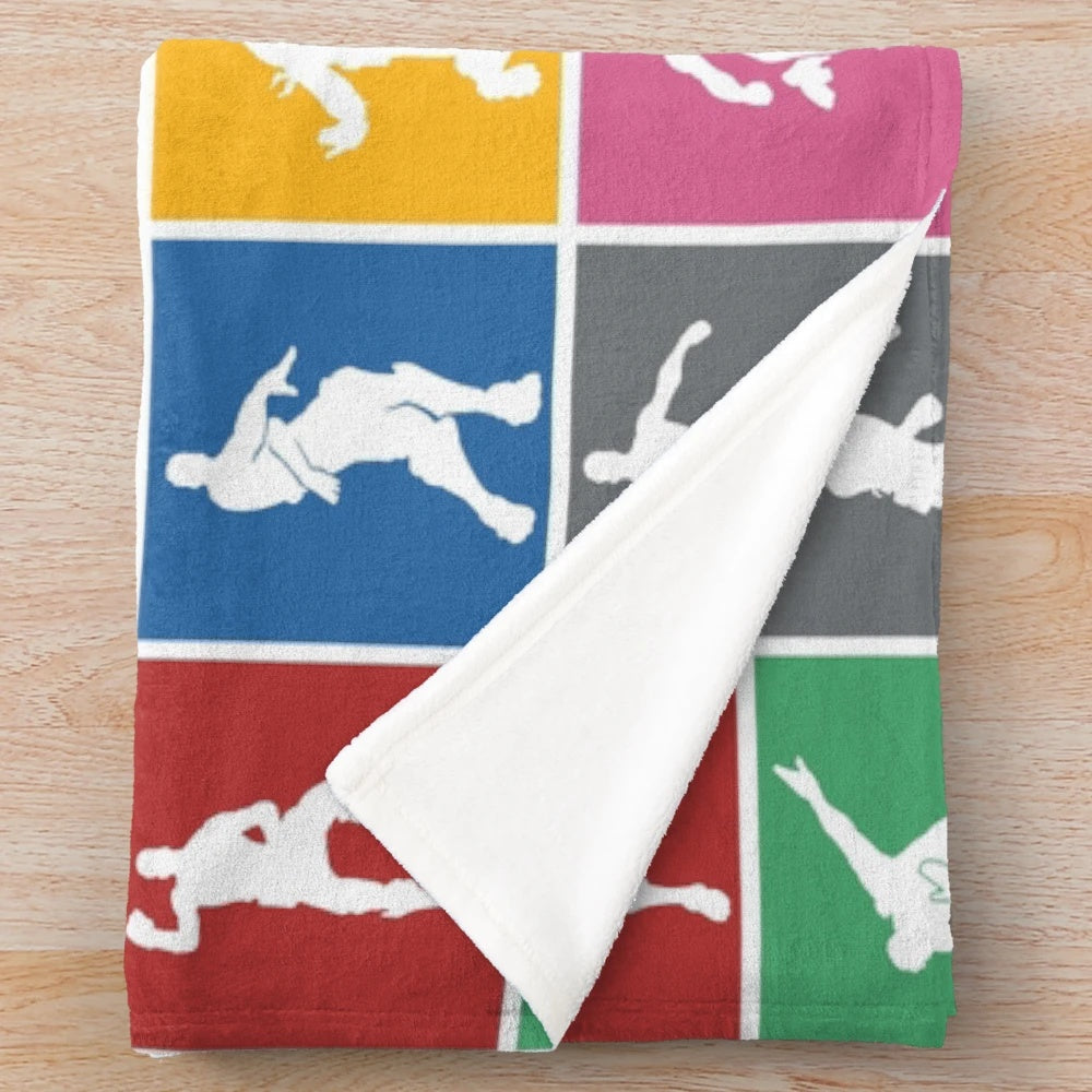 Vibrant rainbow lattice pattern plush blanket featuring a Fortnite-inspired victory dance design