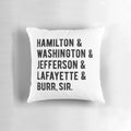 Pillow featuring portraits of American Founding Fathers Hamilton, Washington, and Burr