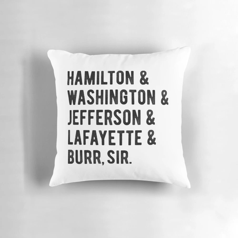 Pillow featuring portraits of American Founding Fathers Hamilton, Washington, and Burr