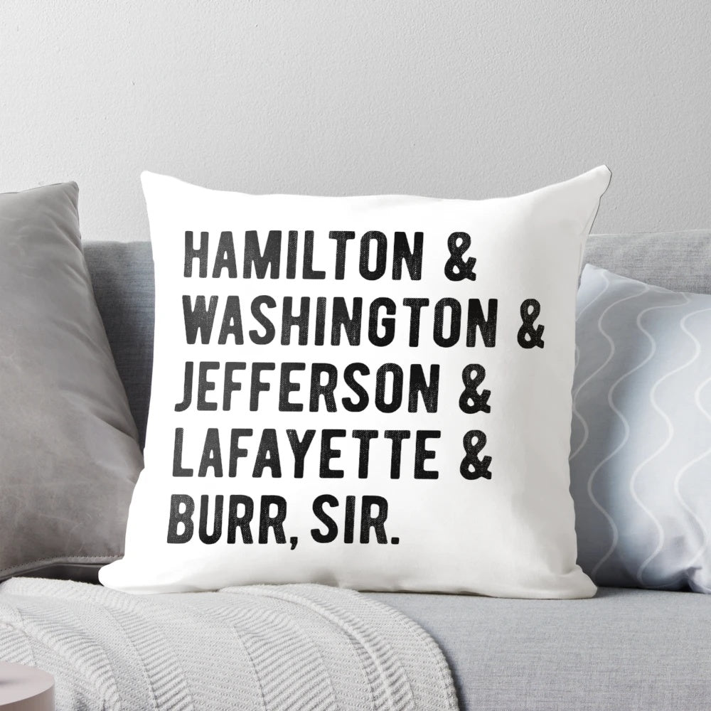 Pillow featuring portraits of American Founding Fathers Hamilton, Washington, and Burr