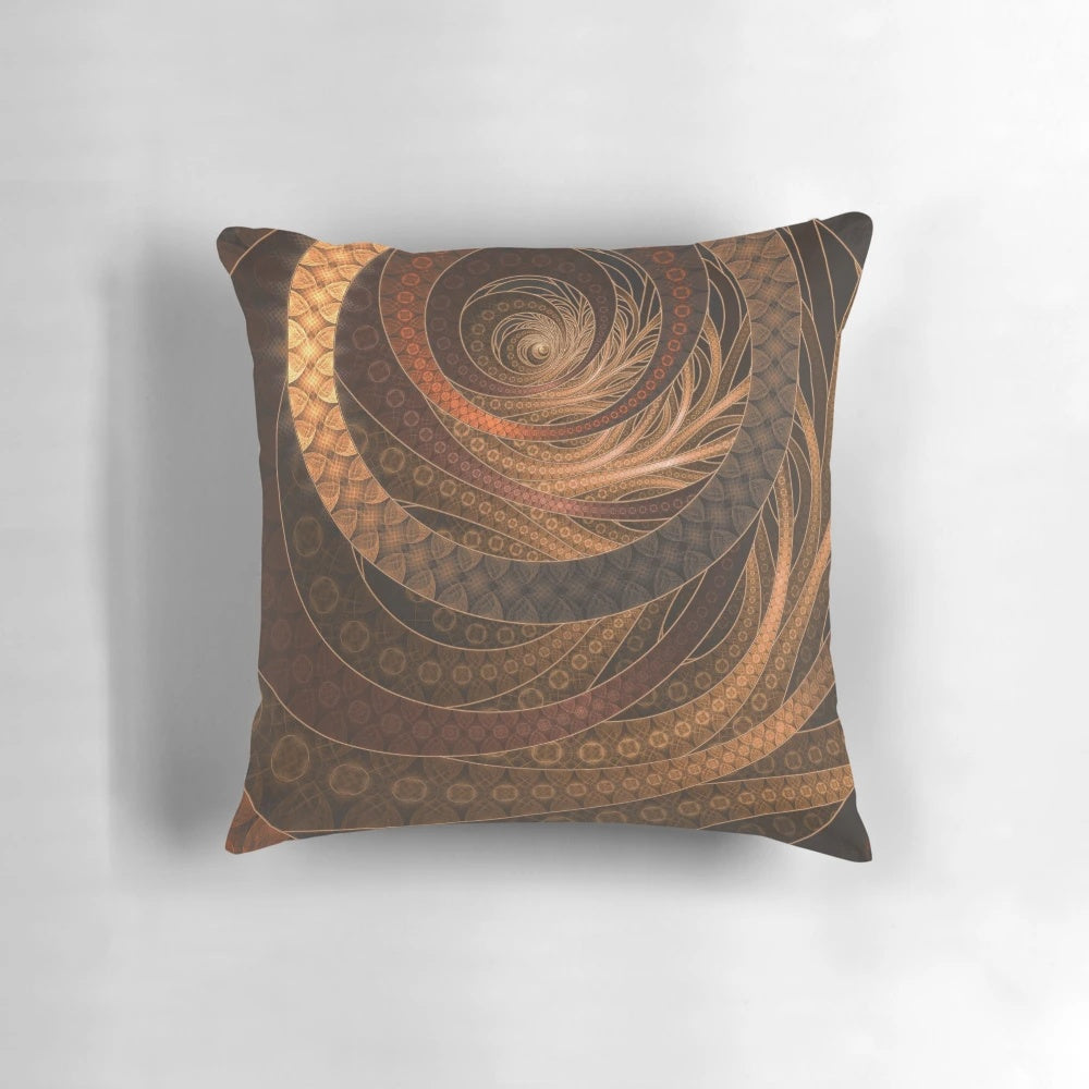 A decorative pillow featuring a fractal wicker robe design in natural earth tones.