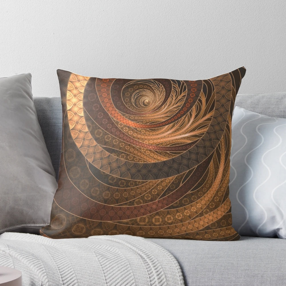 A decorative pillow featuring a fractal wicker robe design in natural earth tones.