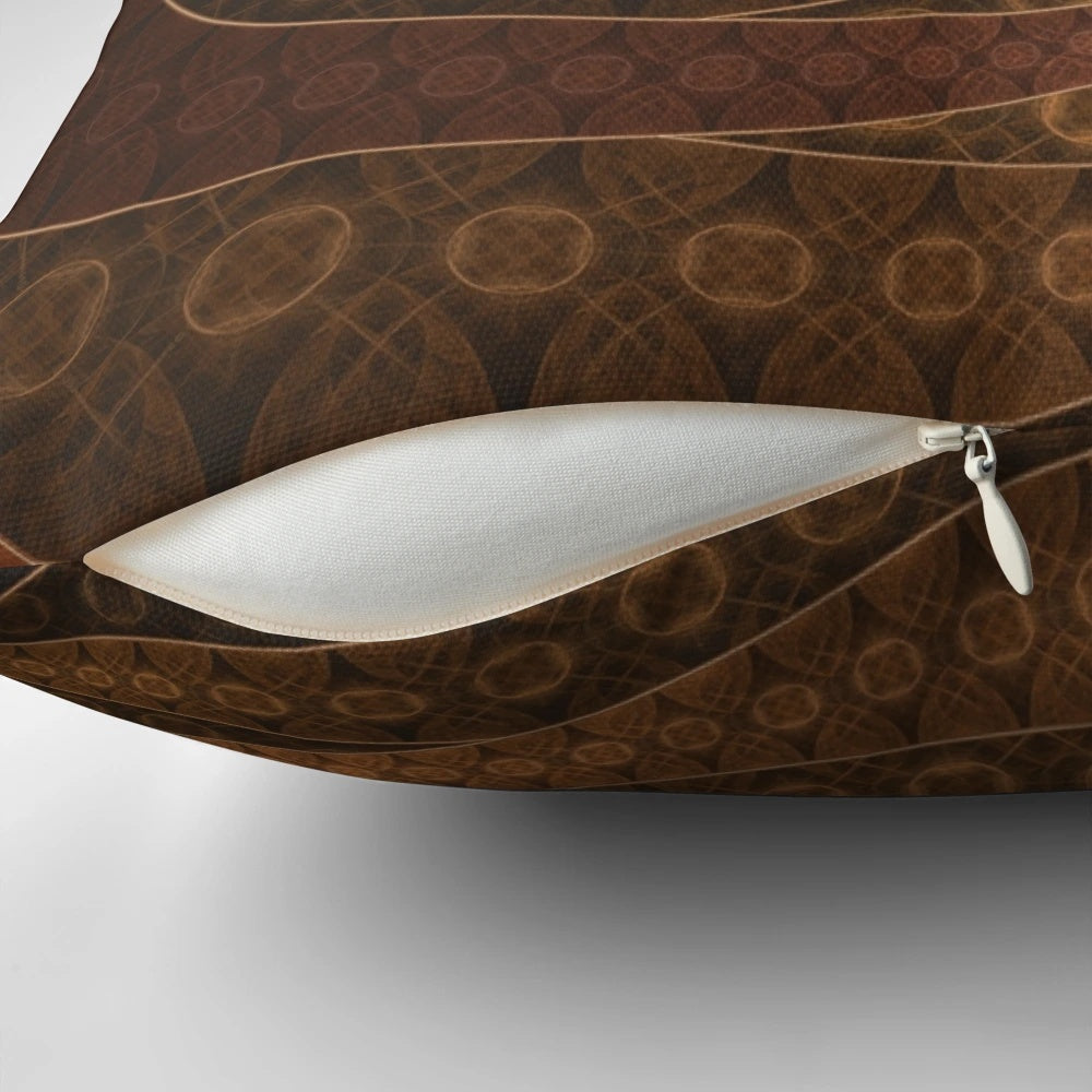 A decorative pillow featuring a fractal wicker robe design in natural earth tones.