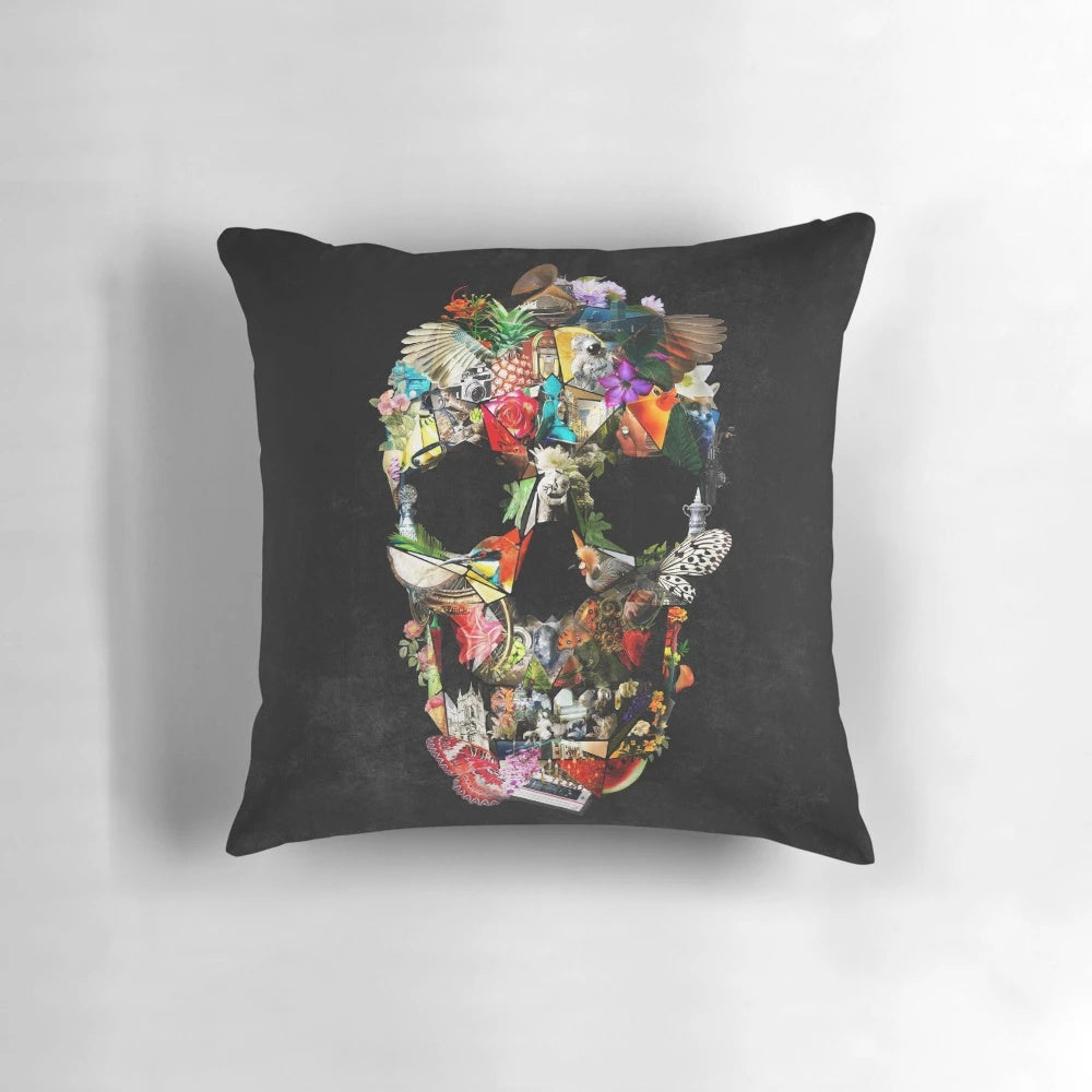 Fragile skull surreal art design printed on a soft, plush pillow.