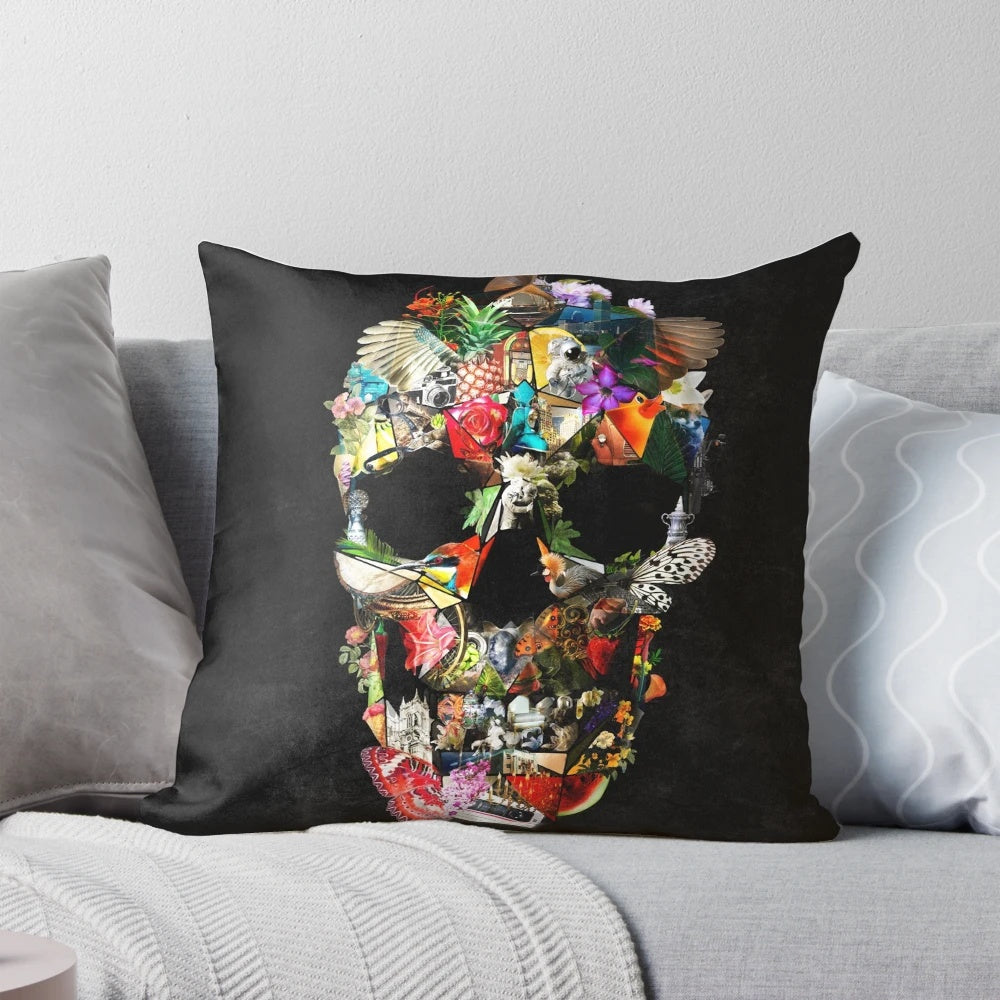 Fragile skull surreal art design printed on a soft, plush pillow.