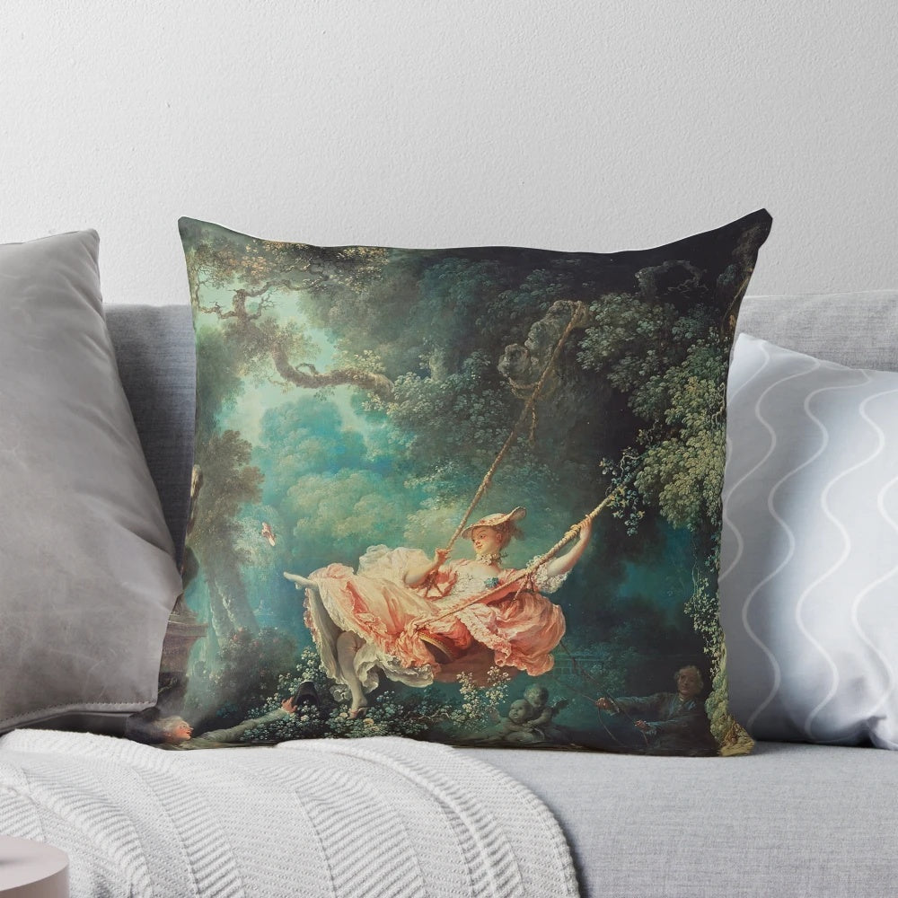 Decorative pillow featuring Jean-Honoré Fragonard's famous Rococo painting "The Swing