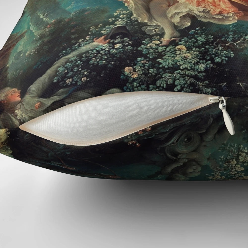 Decorative pillow featuring Jean-Honoré Fragonard's famous Rococo painting "The Swing