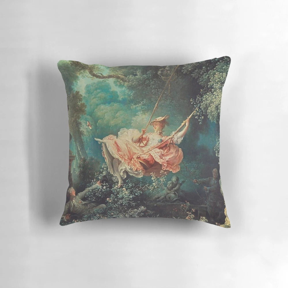 Pillow featuring the classic French Rococo painting 'The Swing' by Jean-Honoré Fragonard