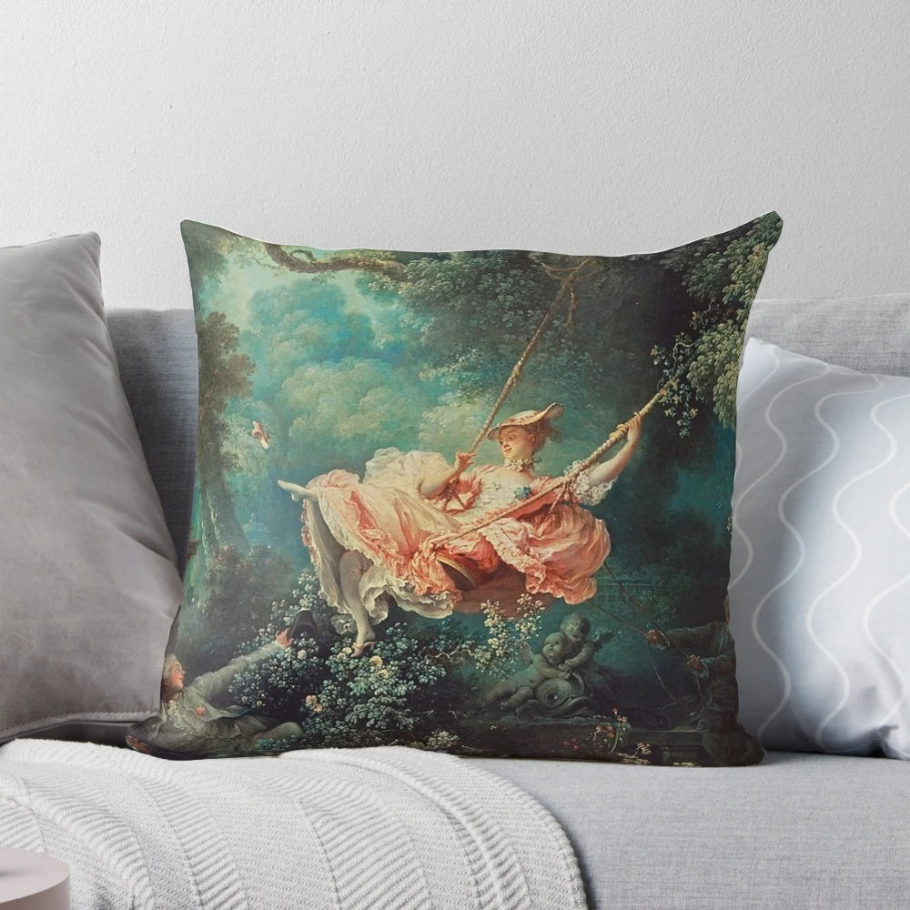 Pillow featuring the classic French Rococo painting 'The Swing' by Jean-Honoré Fragonard
