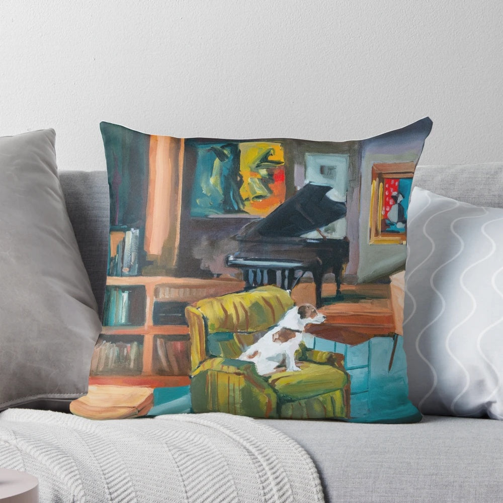 Frasier's apartment pillow featuring the famous Seattle skyline and Eddie the dog
