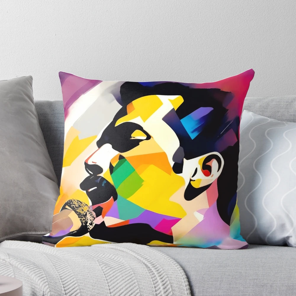 Freddie Mercury abstract polyart design on a queen band pillow