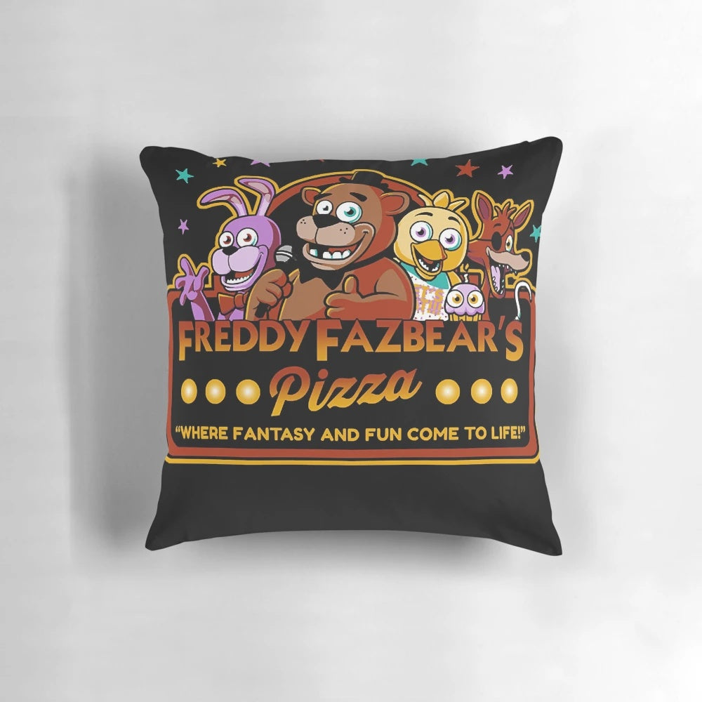 Freddy Fazbear's Pizza FNAF logo inspired pillow featuring a classic t-shirt design