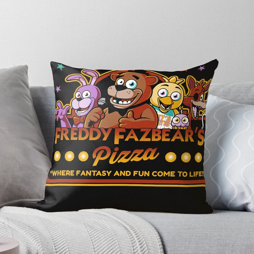 Freddy Fazbear's Pizza FNAF logo inspired pillow featuring a classic t-shirt design