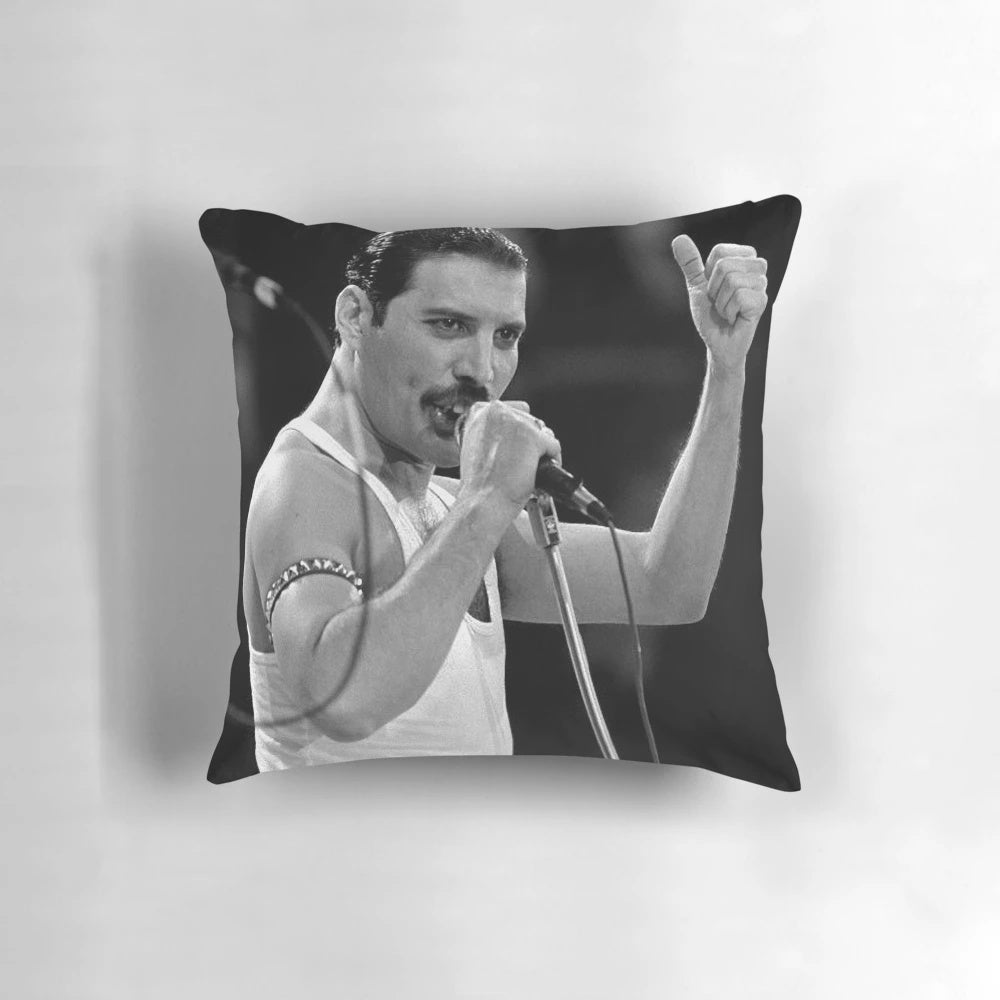 Freddy Mercury Pillow featuring a striking black and white portrait of the legendary Queen singer
