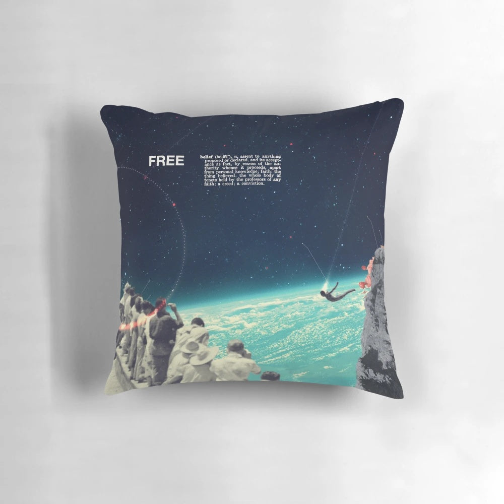 A free vintage-style collage art pillow with a surreal, sci-fi design featuring a diver, sky, and space elements.