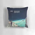 A free vintage-style collage art pillow with a surreal, sci-fi design featuring a diver, sky, and space elements.