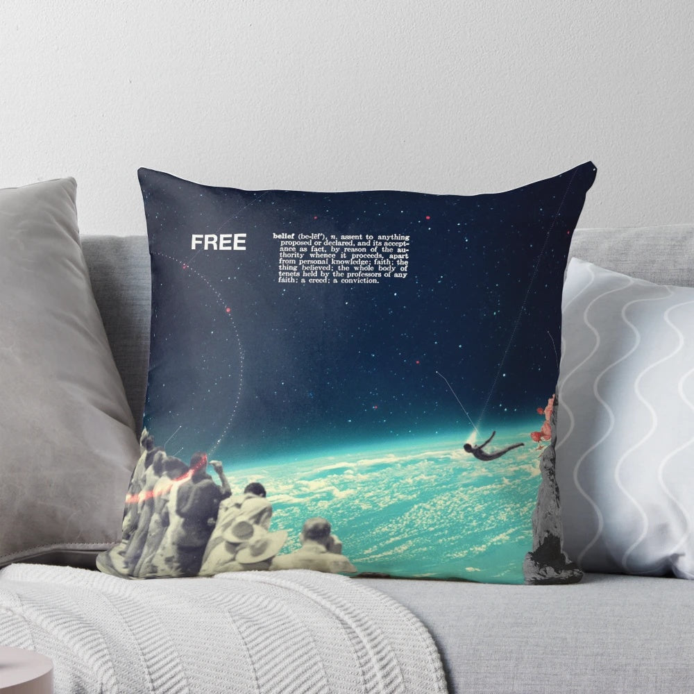 A free vintage-style collage art pillow with a surreal, sci-fi design featuring a diver, sky, and space elements.