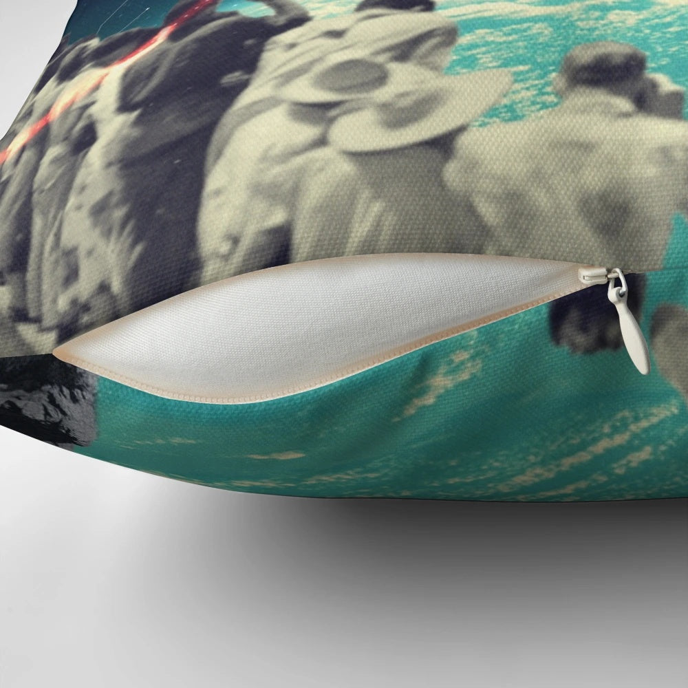 A free vintage-style collage art pillow with a surreal, sci-fi design featuring a diver, sky, and space elements.
