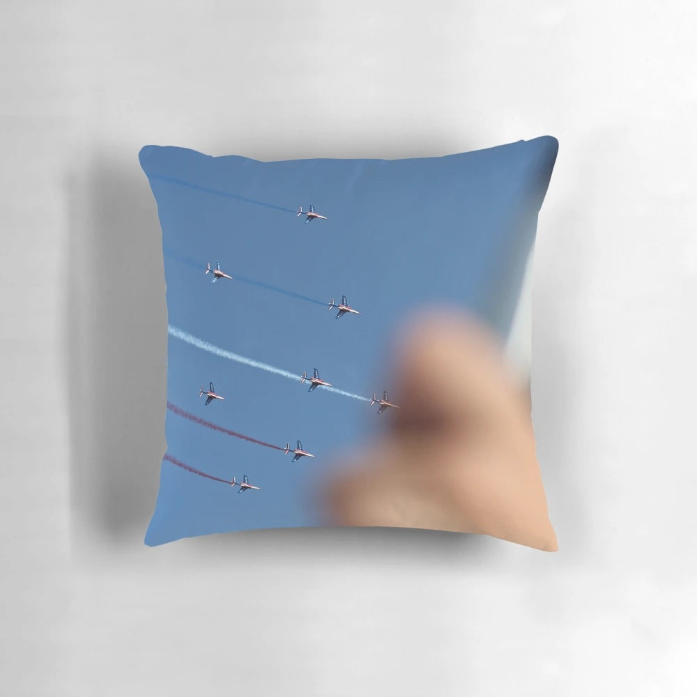 Patrouille de France French Air Force Alpha Jet acrobatic team pillow with smoke, flags, and aerobatics