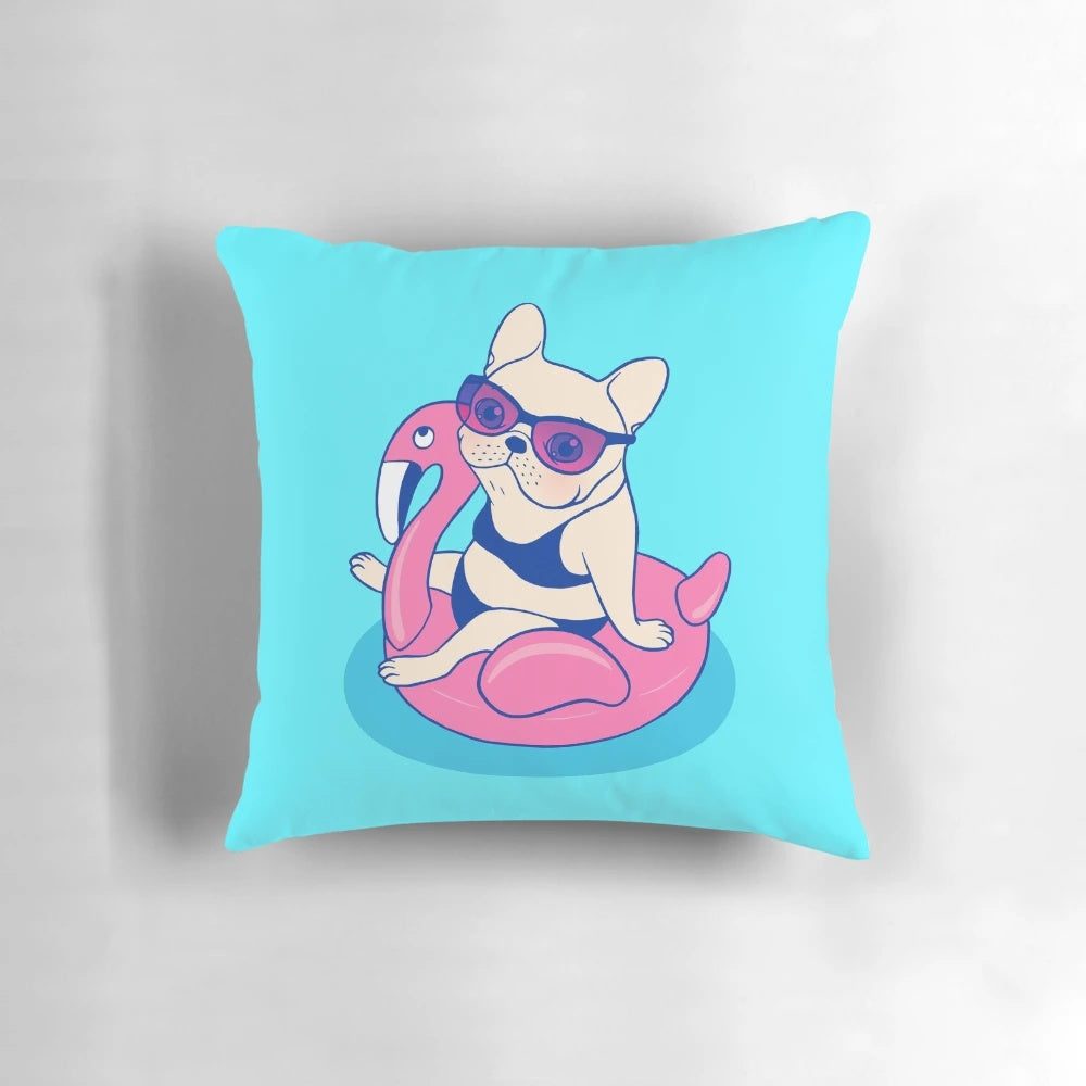 French Bulldog relaxing on a pink flamingo pool float in a swimming pool