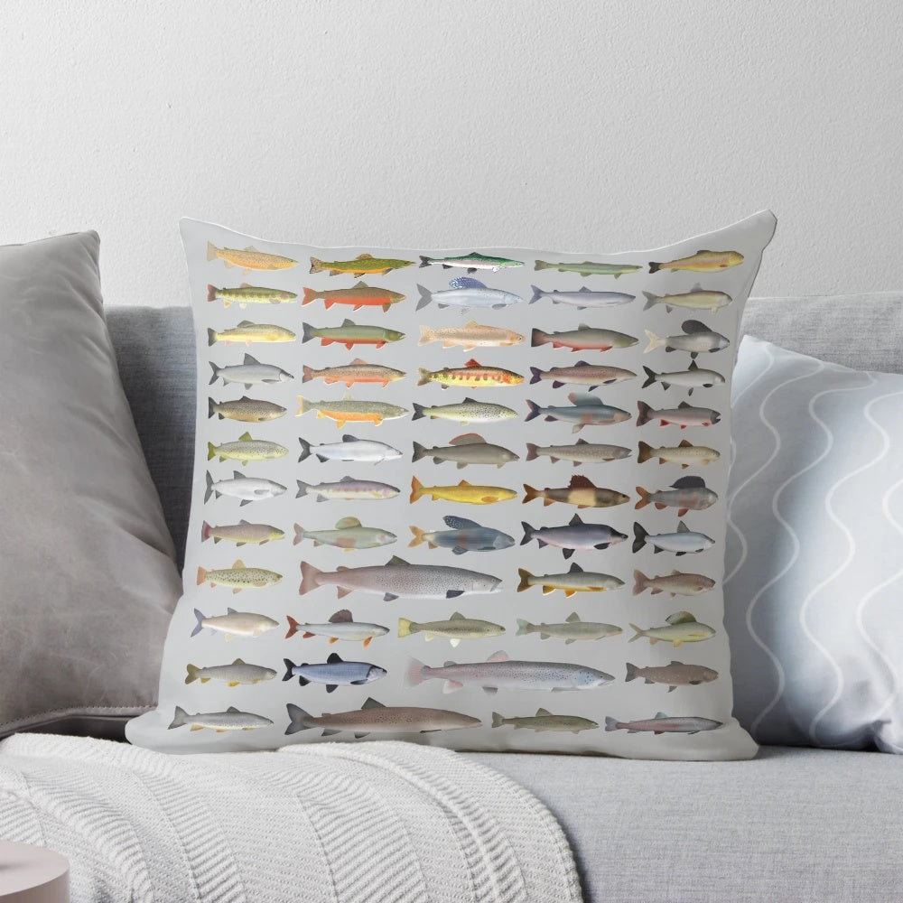 Comfortable pillow featuring images of various freshwater fish species including trout, char, grayling, hucho, and whitefish.
