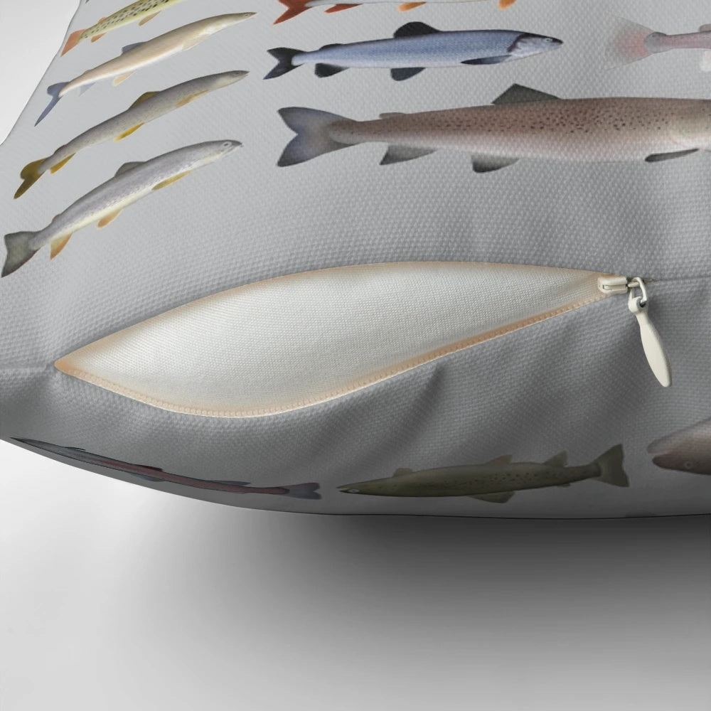 Comfortable pillow featuring images of various freshwater fish species including trout, char, grayling, hucho, and whitefish.