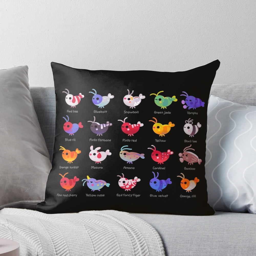 A decorative pillow featuring a colorful freshwater shrimp design, perfect for aquarium decor.