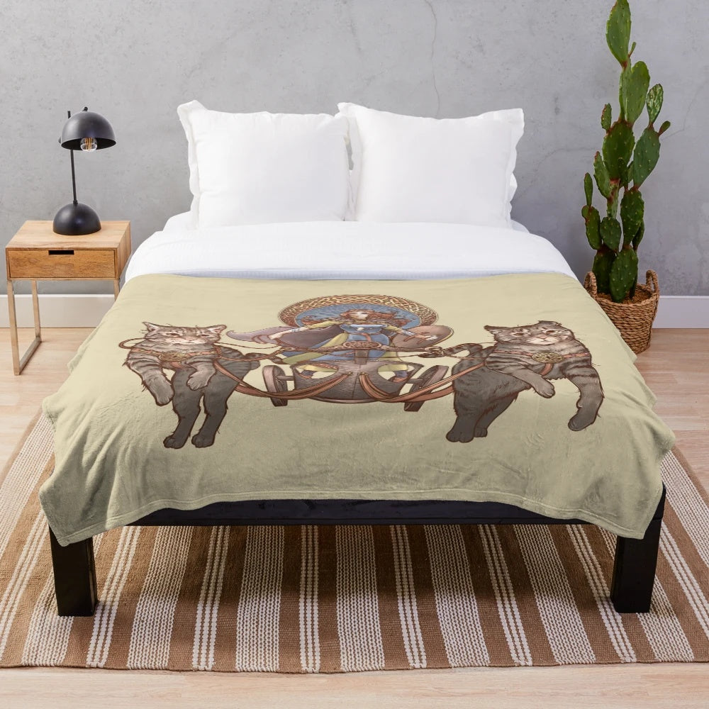 Plush blanket featuring Freya, the Norse goddess, riding a cat-drawn chariot with intricate Celtic knotwork design