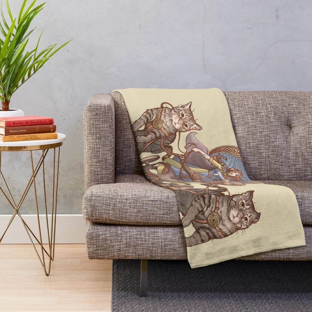 Plush blanket featuring Freya, the Norse goddess, riding a cat-drawn chariot with intricate Celtic knotwork design