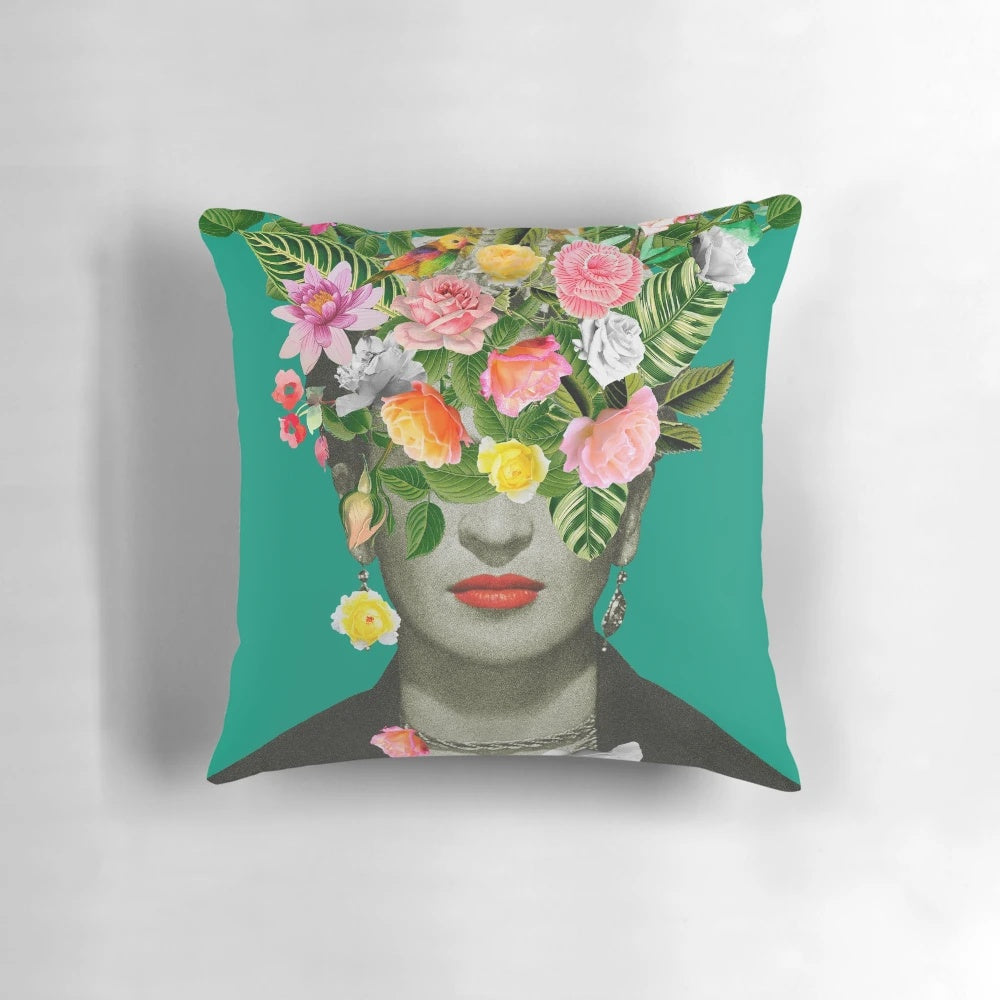 Frida Floral (Green) Decorative Pillow featuring a vibrant, floral design inspired by the iconic artist Frida Kahlo.