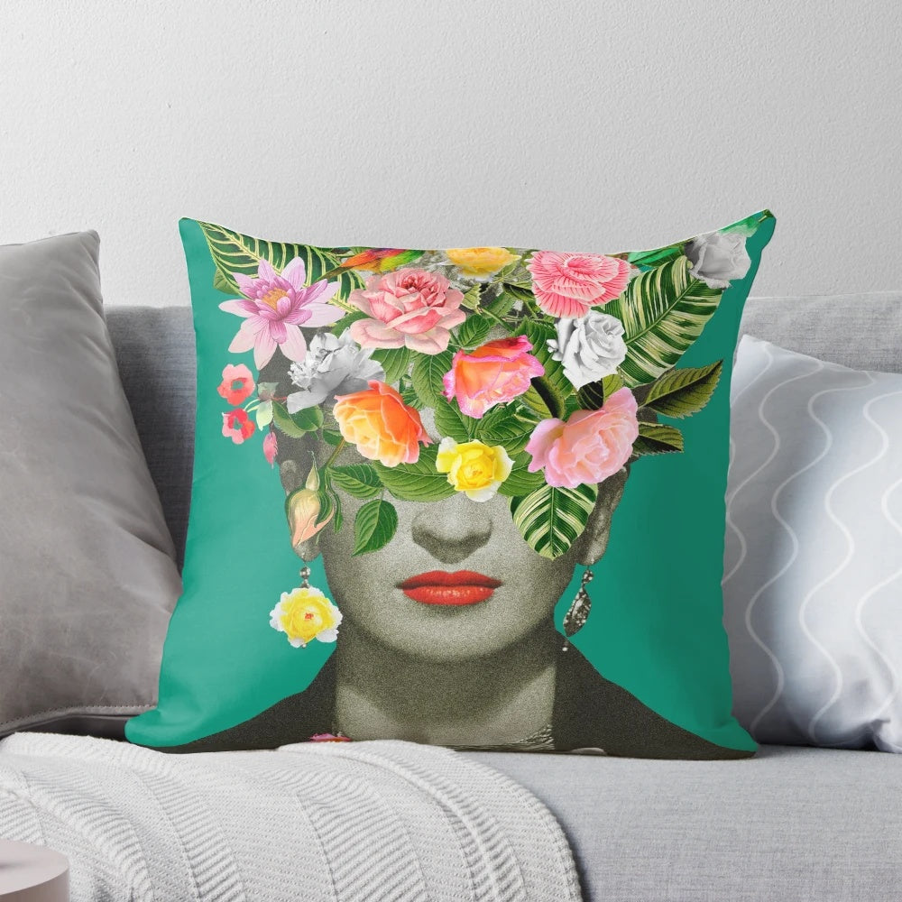 Frida Floral (Green) Decorative Pillow featuring a vibrant, floral design inspired by the iconic artist Frida Kahlo.