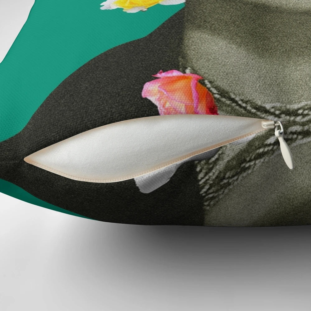 Frida Floral (Green) Decorative Pillow featuring a vibrant, floral design inspired by the iconic artist Frida Kahlo.
