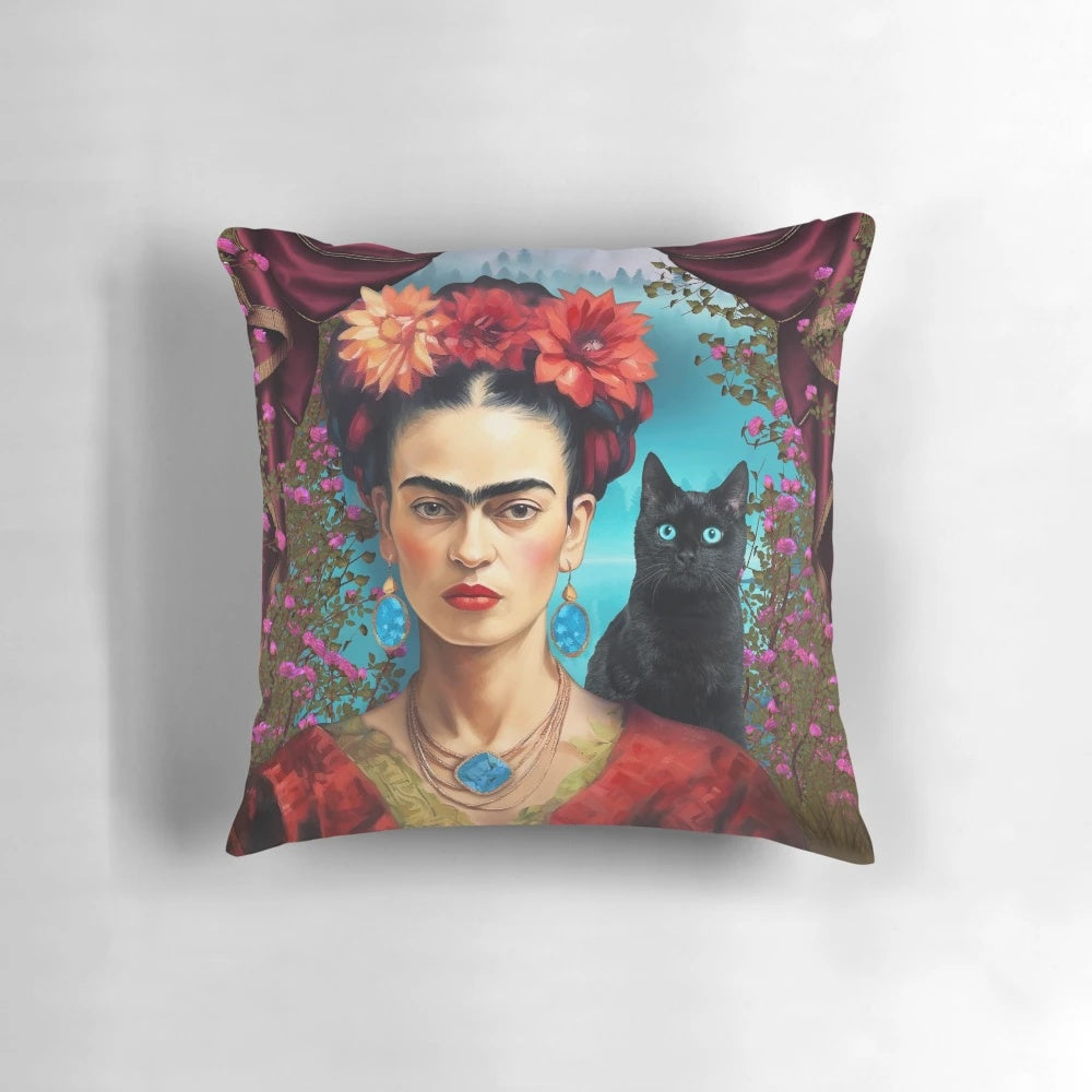 Vibrant Frida Kahlo-inspired decorative pillow showcasing her iconic portrait and artistic style.
