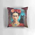 Vibrant Frida Kahlo-inspired decorative pillow showcasing her iconic portrait and artistic style.