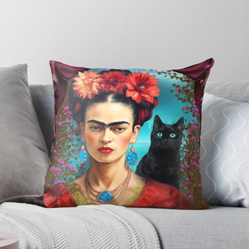Vibrant Frida Kahlo-inspired decorative pillow showcasing her iconic portrait and artistic style.