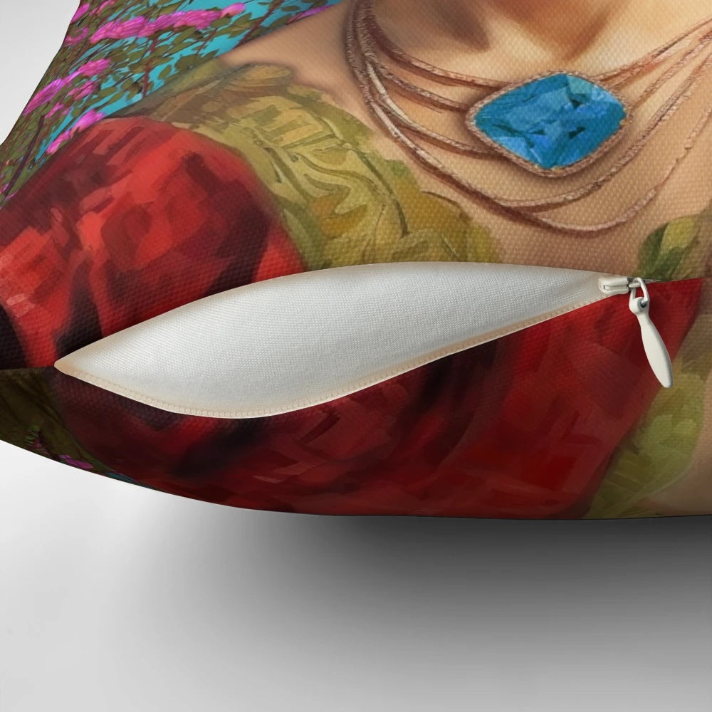 Vibrant Frida Kahlo-inspired decorative pillow showcasing her iconic portrait and artistic style.