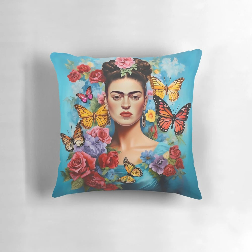 Colorful Frida Kahlo portrait printed on a decorative throw pillow