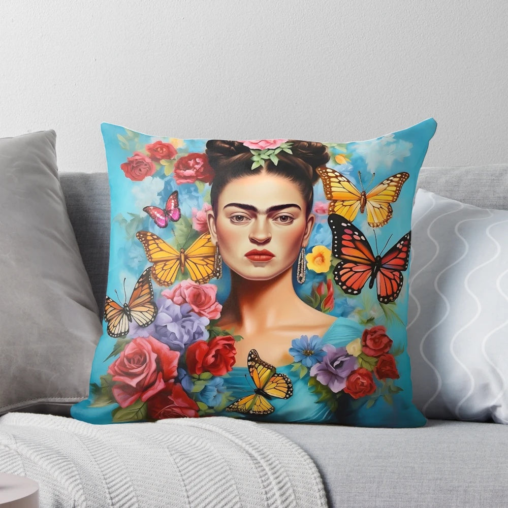 Colorful Frida Kahlo portrait printed on a decorative throw pillow
