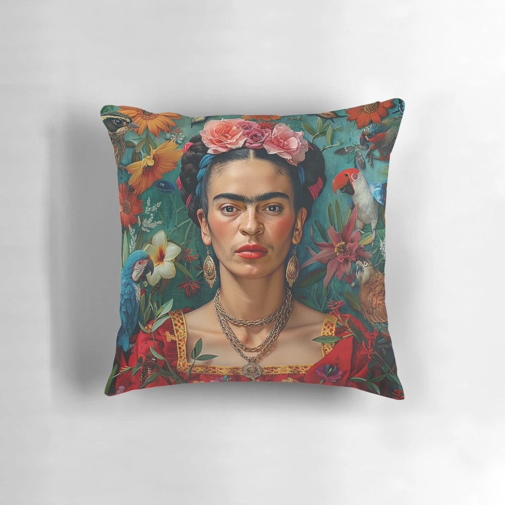 Frida Kahlo decorative throw pillow featuring a vibrant floral portrait of the iconic Mexican artist