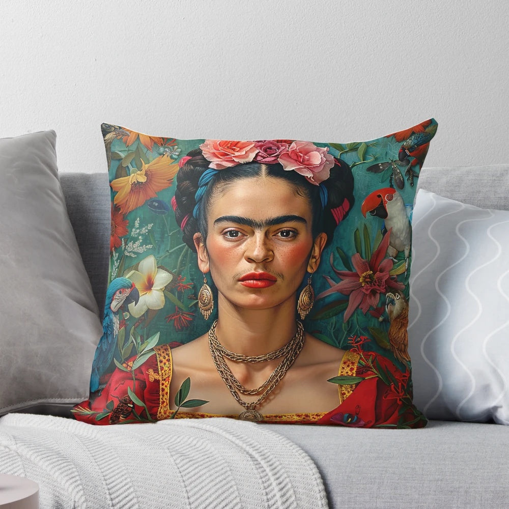 Frida Kahlo decorative throw pillow featuring a vibrant floral portrait of the iconic Mexican artist