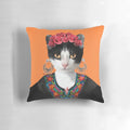Frida Kahlo themed decorative pillow featuring a portrait of the feminist artist with a black cat and floral elements