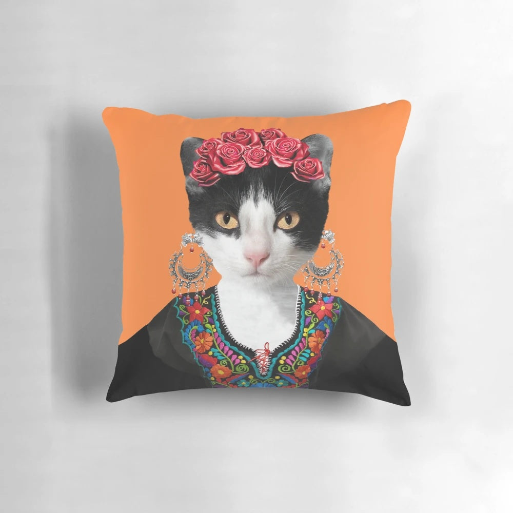 Frida Kahlo themed decorative pillow featuring a portrait of the feminist artist with a black cat and floral elements