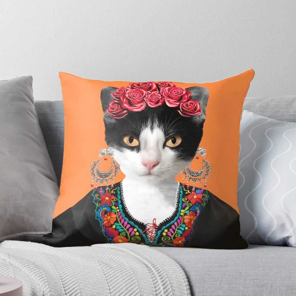Frida Kahlo themed decorative pillow featuring a portrait of the feminist artist with a black cat and floral elements