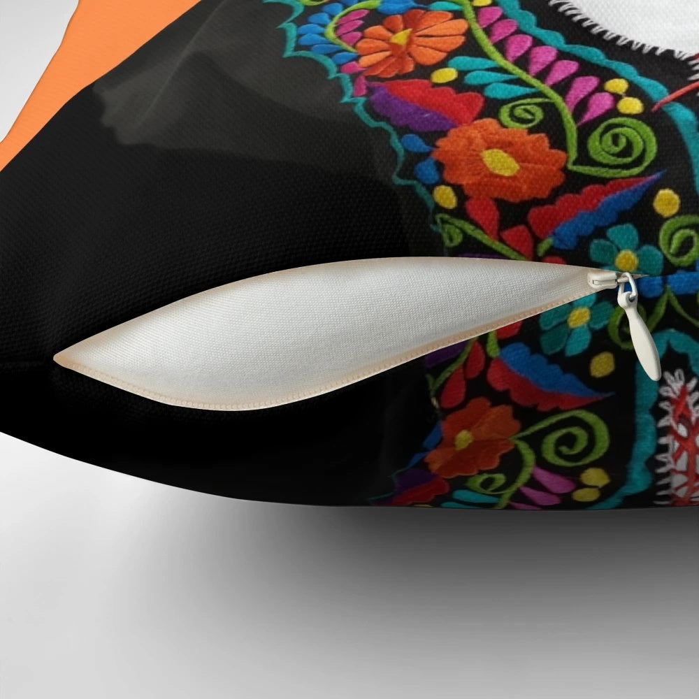Frida Kahlo themed decorative pillow featuring a portrait of the feminist artist with a black cat and floral elements