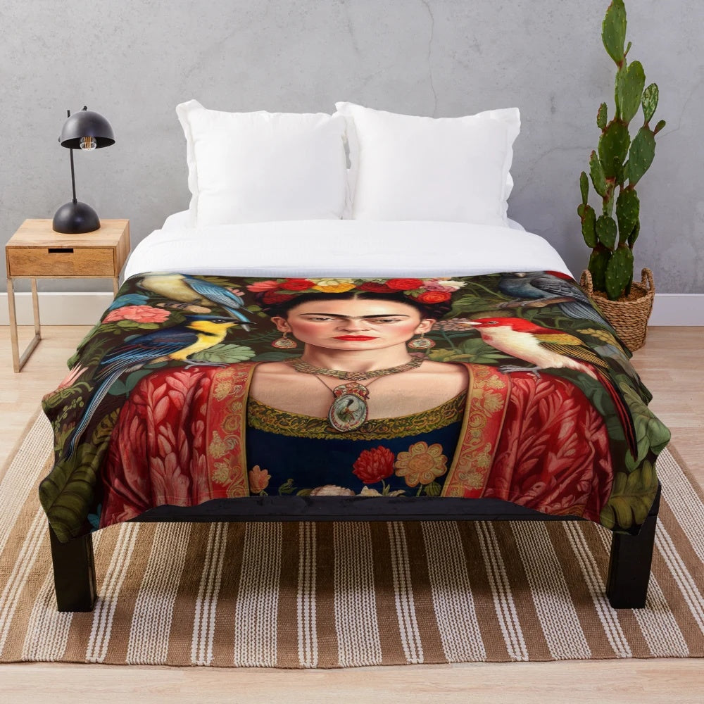 Frida Kahlo inspired 7" plush blanket featuring iconic portrait of the renowned Mexican artist