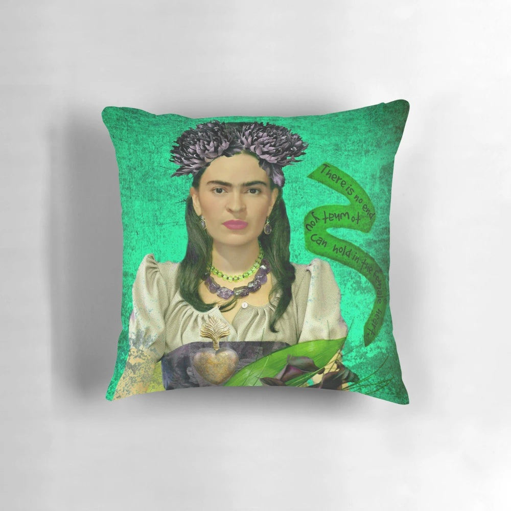 Frida Kahlo inspired heart-shaped pillow with her iconic portrait and quote