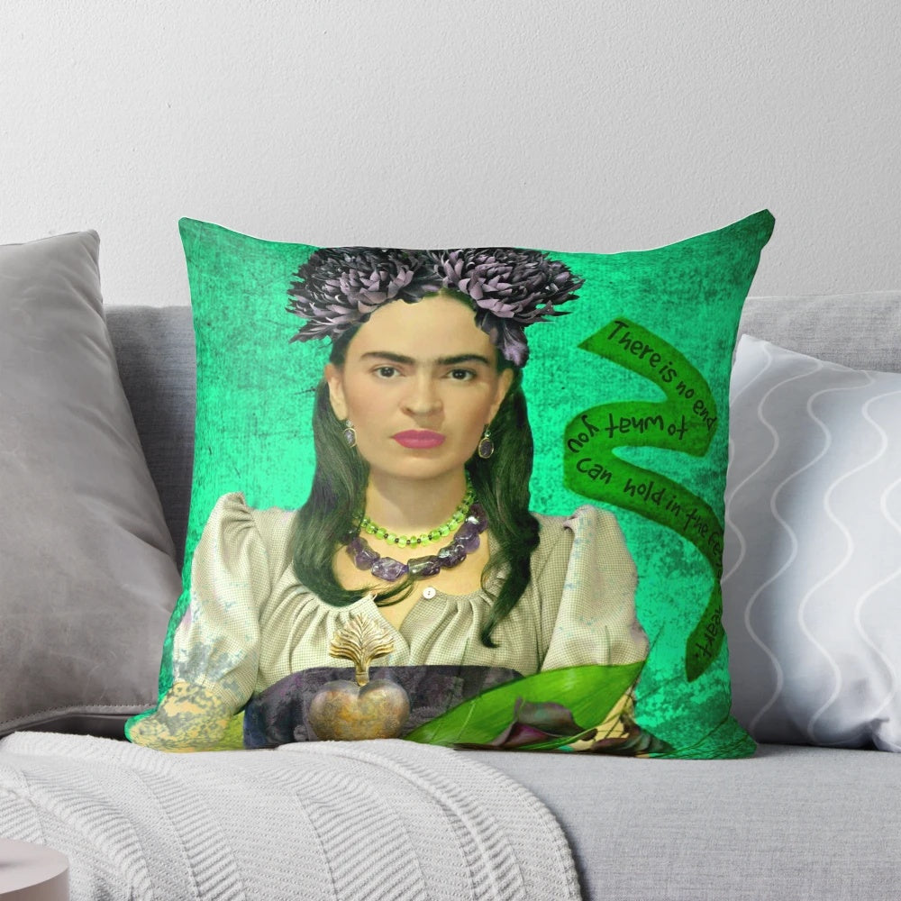 Frida Kahlo inspired heart-shaped pillow with her iconic portrait and quote