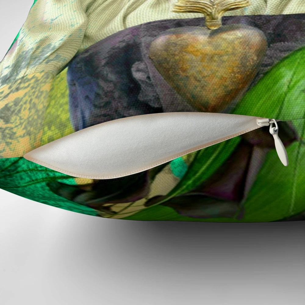 Frida Kahlo inspired heart-shaped pillow with her iconic portrait and quote