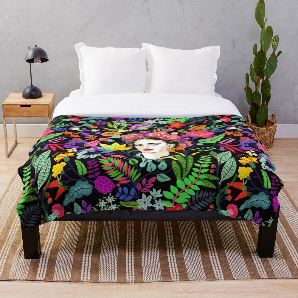 Frida Kahlo inspired plush blanket with vibrant floral pattern